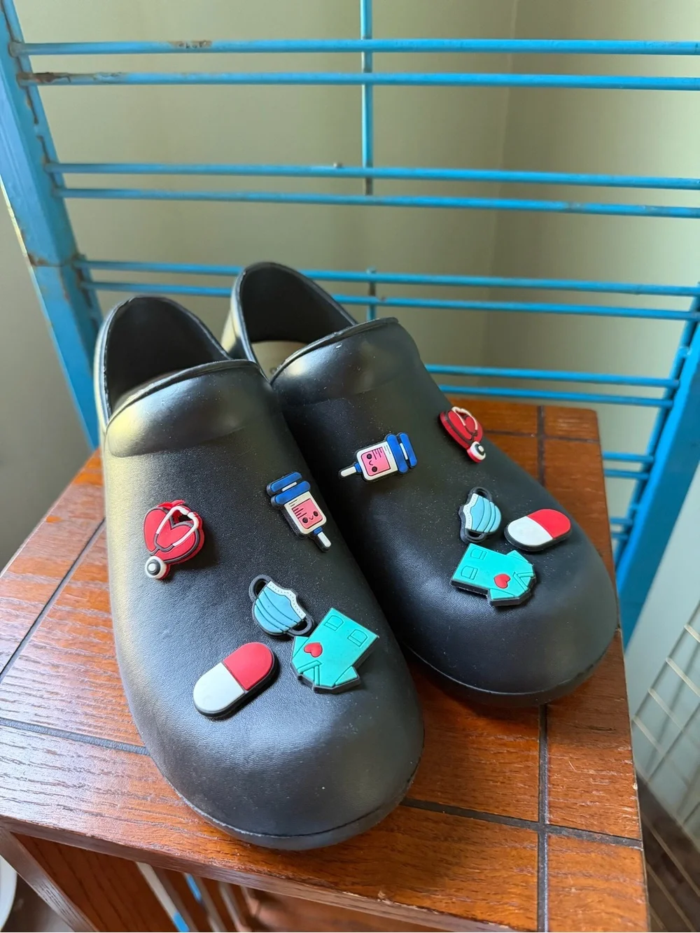 Black Slip-On Medical Clog Shoes with Medical Charms